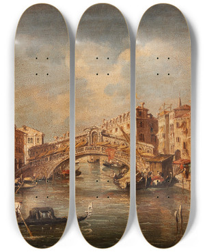 Triptych art skateboard deck of Giuseppe Ponga Venice The Rialto Bridge by Giuseppe Ponga (1856-1925)