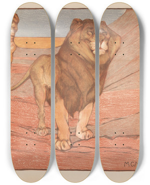 Triptych art skateboard deck of Bernard Willem Wierink Leeuw En Leeuwin by Bernard Willem Wierink (1856-1939)