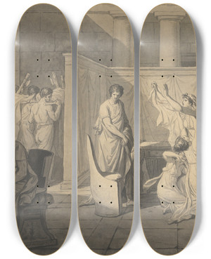Triptych art skateboard deck of Jacques Louis David The Lictors Bringing Brutus The Bodies Of His Sons_2 by Jacques Louis David (1748-1825)