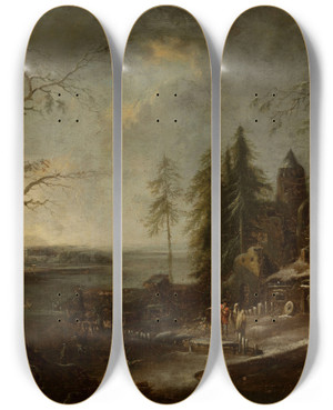 Triptych art skateboard deck of Francesco Foschi Winter Landscape by Francesco Foschi (1710-1780)