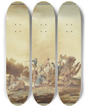 Triptych art skateboard deck of Francesco Giuseppe Casanova Vor Dem Tor Einer Festung Wird Das Gepck Eines Reisenden Der Dort Mit Seiner Kutsche Hlt Durchsucht Rechts Eine Bettlerfamilie Mit Einem Hund by Francesco Giuseppe Casanova (1727-1803)
