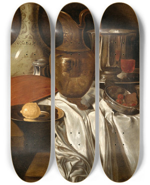 Triptych art skateboard deck of Andr Bouys Still Life With A Jug A Tray With A Lemon A Lute A Ceramic Vessel And Other Objects On A Table by Andre Bouys (1656-1740)