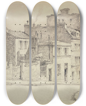 Triptych art skateboard deck of Ferdinand Boberg Place Jeanbaptiste Clment Montmartre by Ferdinand Boberg (1860-1946)