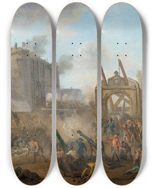 Triptych art skateboard deck of Jeanbaptiste Lallemand La Prise De La Bastille Le 14 Juillet 1789 by Jean-Baptiste Lallemand (1716-1805)