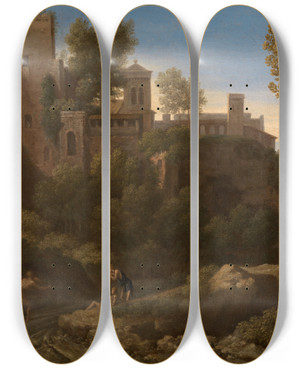 Triptych art skateboard deck of Gaspard Dughet Klassische Landschaft Mit Gebuden In Tivoli by Gaspard Dughet (1615-1675)