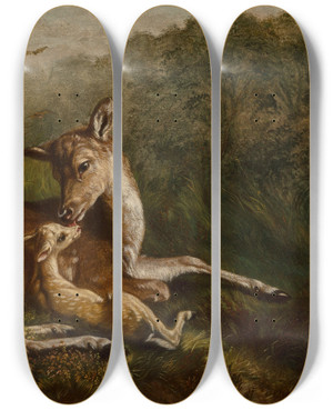 Triptych art skateboard deck of Arthur Fitzwilliam Tait Deer And Fawn by Arthur Fitzwilliam Tait (1819-1905)
