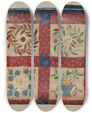Triptych art skateboard deck of Catherine Fowler Applique Quilt by Catherine Fowler