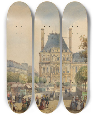 Triptych art skateboard deck of Franois Etienne Villeret Rue De Rivoli And Pavillon Marsan by Francois Etienne Villeret (1800-1866)