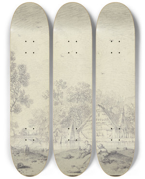 Triptych art skateboard deck of Hendrik Meyer Bei Einem Dorf Am Wasser Vorn Zwei Sitzende Mnner by Hendrik Meyer (1744-1793)