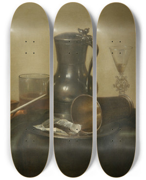 Triptych art skateboard deck of Willem Claesz Heda Tobacco Still Life by Willem Claesz Heda (1594-1680)