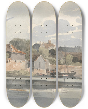 Triptych art skateboard deck of Peter Dewint View Of The Thames At Kingston by Peter Dewint (1784-1849)