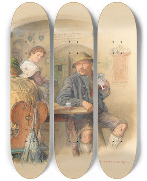 Triptych art skateboard deck of Peter Kraemer The Younger Jger Im Wirtshaus by Peter Kraemer The Younger (1857-1936)