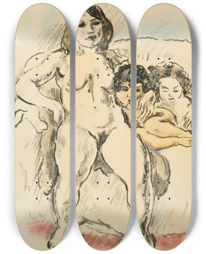 Triptych art skateboard deck of Jules Pascin Femmes Et Enfants by Jules Pascin (1885-1930)