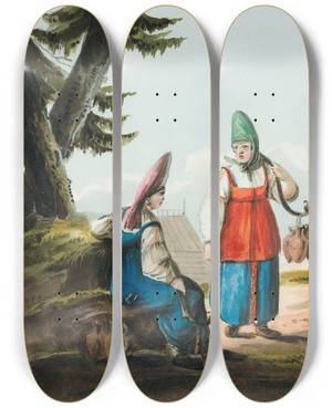 Triptych art skateboard deck of Karl Ivanovich Kollman Two Peasant Women In Conversation by Karl Ivanovich Kollman (1788-1846)
