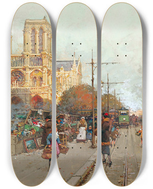 Triptych art skateboard deck of Eugne Galienlaloue Notre Dame De Paris Vue Du Quai De Montebello by Eugene Galien Laloue (1854-1941)