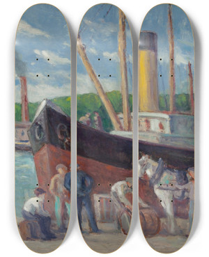 Triptych art skateboard deck of Maximilien Luce Honfleur Remorqueur Quai by Maximilien Luce (1858-1941)