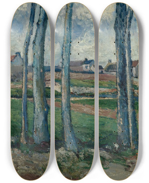 Triptych art skateboard deck of Victor Vignon Village Travers Les Arbres by Victor Vignon (1847-1909)