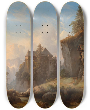 Triptych art skateboard deck of Franz Barbarini A Mountain Landscape With A Chapel And Wayside Shrine by Franz Barbarini (1804-1873)