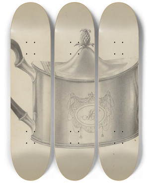 Triptych art skateboard deck of Simon Weiss Silver Teapot by Simon Weiss