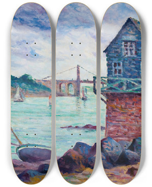 Triptych art skateboard deck of Maximilien Luce Lzardrieux Le Pont Suspendu by Maximilien Luce (1858-1941)
