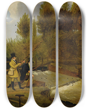 Triptych art skateboard deck of James Pollard Going Fishing by James Pollard (1792-1867)