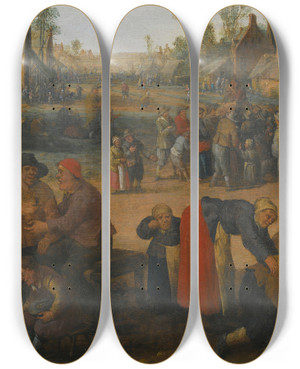 Triptych art skateboard deck of Joost Cornelisz Droochsloot A Village Scene With Numerous Peasants And A Travelling Merchant by Joost Cornelisz Droochsloot (1586-1666)