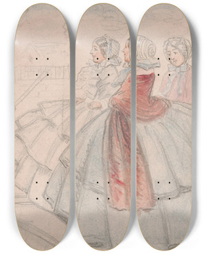 Triptych art skateboard deck of John Leech Crinolines By The River by John Leech (1817-1864)