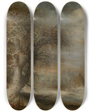 Triptych art skateboard deck of Gijsbrecht Leytens Snow Landscape With Gypsies by Gijsbrecht Leytens (1586-1657)