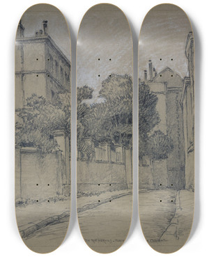 Triptych art skateboard deck of Ferdinand Boberg Coin De La Rue De Norvins Et De La Rue Jeanbaptiste Clment by Ferdinand Boberg (1860-1946)