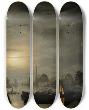 Triptych art skateboard deck of Petrus Van Schendel A River Landscape In Silver Moonlight by Petrus Van Schendel (1806-1870)
