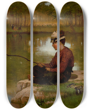 Triptych art skateboard deck of John George Brown Waiting For A Bite Central Park by John George Brown (1831-1913)