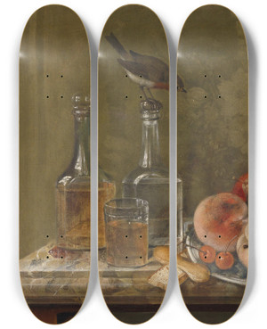 Triptych art skateboard deck of Johann Matthias Wurzer Stillleben Mit Frchten Und Glaskaraffen by Johann Matthias Wurzer (1760-1838)