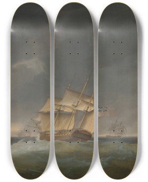 Triptych art skateboard deck of Thomas Whitcombe Running Into Stormy Weather Off Gibraltar by Thomas Whitcombe (1763-1824)