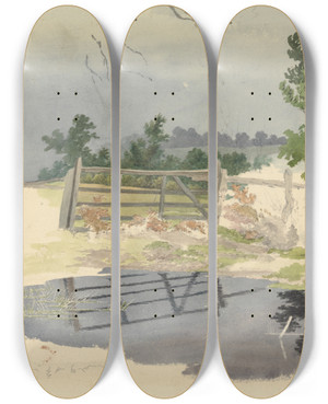 Triptych art skateboard deck of Robert Hills A Gate Reflected In A Pool by Robert Hills (1769-1844)