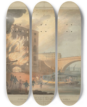 Triptych art skateboard deck of John William Edye A View Of Albion Mill On Fire by John William Edye