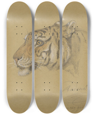 Triptych art skateboard deck of Raden Saleh Kop Van Een Tijger by Raden Saleh (1811-1880)