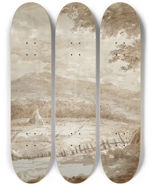 Triptych art skateboard deck of Johann Wolfgang Von Goethe Gebirgslandschaft Mit Heupyramiden Im Mondschein by Johann Wolfgang Von Goethe (1749-1832)