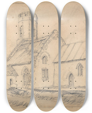 Triptych art skateboard deck of John Sell Cotman Brampton Church Norfolk From The Southeast by John Sell Cotman (1782-1842)