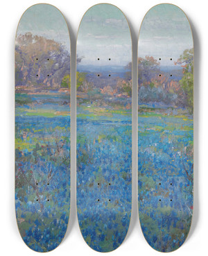 Triptych art skateboard deck of Julian Onderdonk A Field Of Blue Bonnets Late Afternoon Sunlight by Julian Onderdonk (1882-1922)