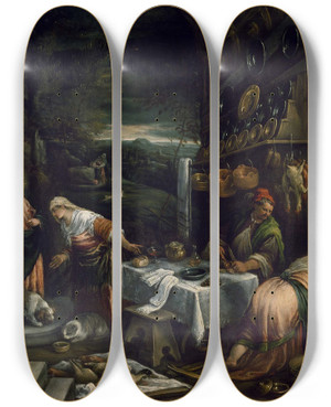 Triptych art skateboard deck of Jacopo Bassano Christ In The House Of Mary Martha And Lazarus by Jacopo Bassano (1510-1592)