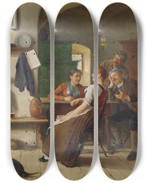 Triptych art skateboard deck of Josef Kinzel In Der Bauernstube by Josef Kinzel (1852-1925)