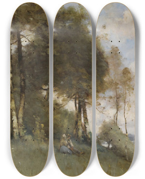 Triptych art skateboard deck of Paul Dsir Trouillebert Bords De La Seine A Mantes by Paul Desire Trouillebert (1829-1900)