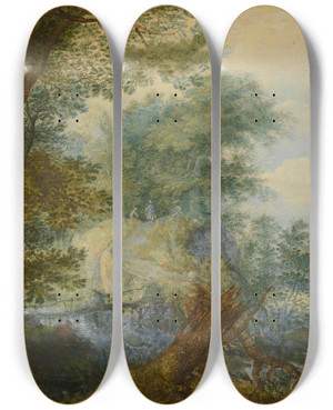 Triptych art skateboard deck of Roelant Savery Landscape With Hunters by Roelant Savery (1576-1639)