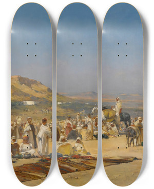 Triptych art skateboard deck of Victor Huguet Market In The Desert by Victor Huguet (1835-1902)