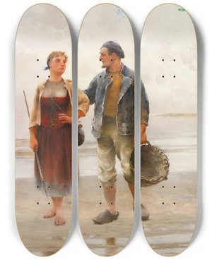Triptych art skateboard deck of August Hagborg Reflections On The Beach by August Hagborg (1852-1921)