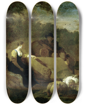 Triptych art skateboard deck of Adriaen Van De Velde Shepherd And Shepherdess With Their Flock At A Well by Adriaen van de Velde (1636-1672)