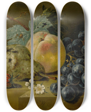 Triptych art skateboard deck of Johann Amandus Wink Still Life With Ripening Fruits On A Stone Ledge by Johann Amandus Winck (1748-1817)