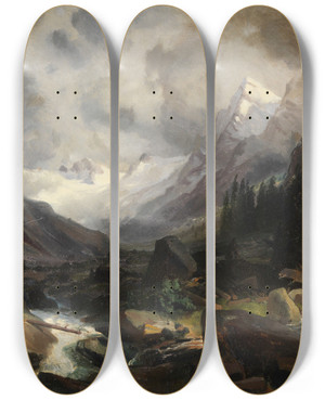 Triptych art skateboard deck of Carl Hummel Tal Mit Bergbach by Carl Hummel (1821-1907)