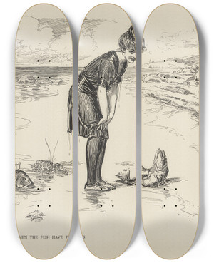 Triptych art skateboard deck of Charles Dana Gibson Even The Fish Has Feelings by Charles Dana Gibson (1867-1944)