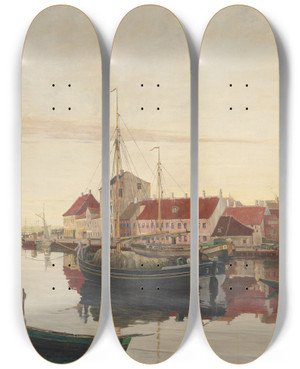 Triptych art skateboard deck of Johan Rohde Randers Havn by Johan Rohde (1856-1935)
